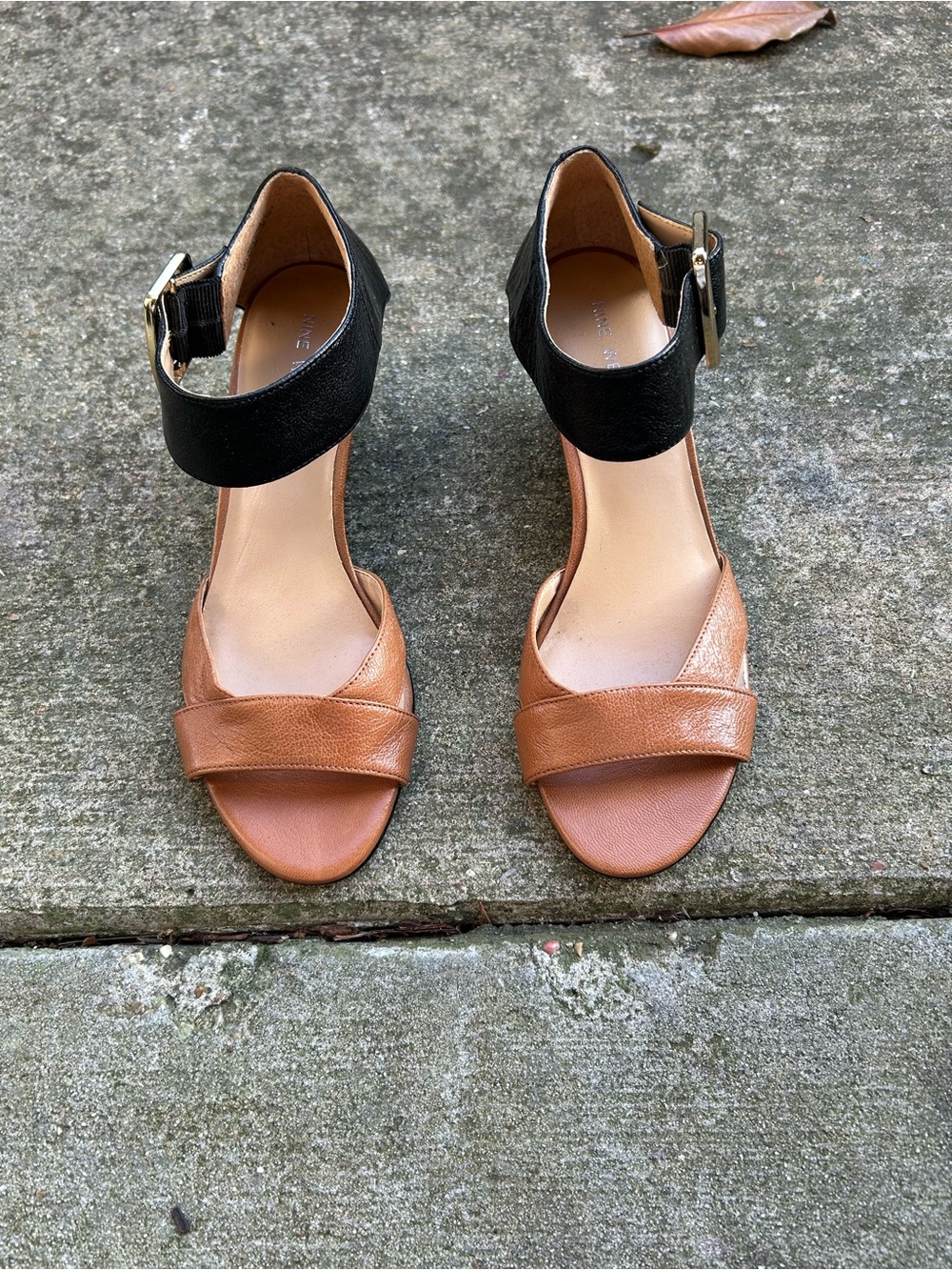 Nine West Two-Tone Black and Brown Leather Ankle Strap Sandals